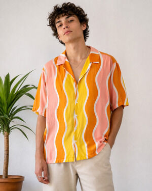 No Boundaries Mens Button Up Shirt XL Short Sleeve Retro Striped Colorful Fun